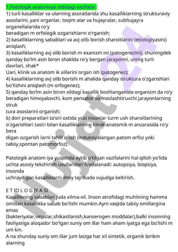 Kasalliklar tahlili va anatomik o'zgarishlar