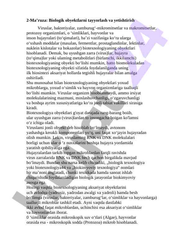 Biologik obyektlarni tayyorlash va yetishtirish ma’ruza