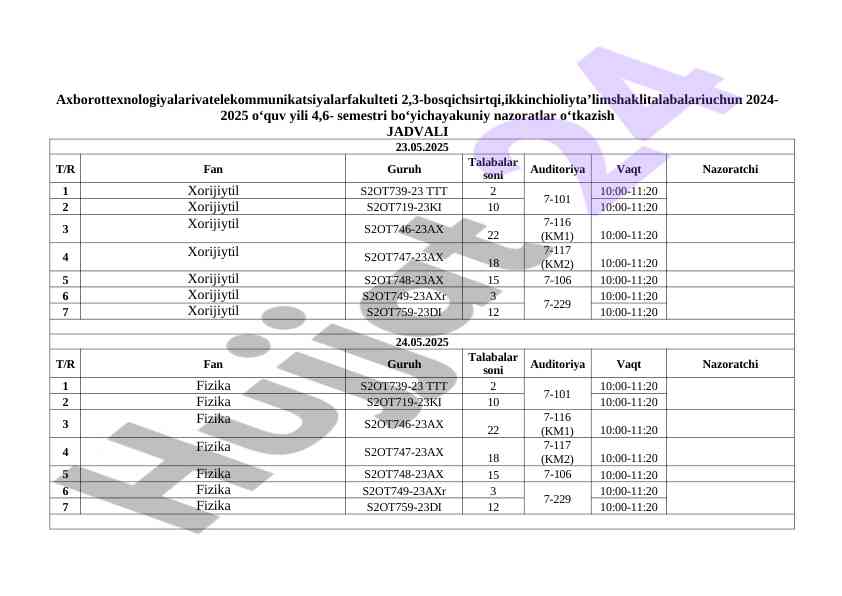 2024-2025 o‘quv yili uchun nazoratlar jadvallari