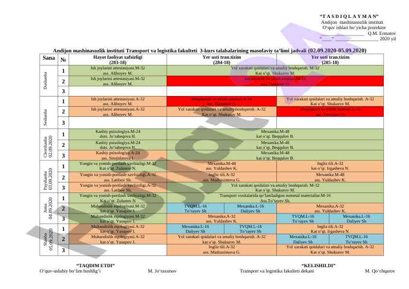 Masofaviy ta'lim jadvali 3-kurs talabalariga
