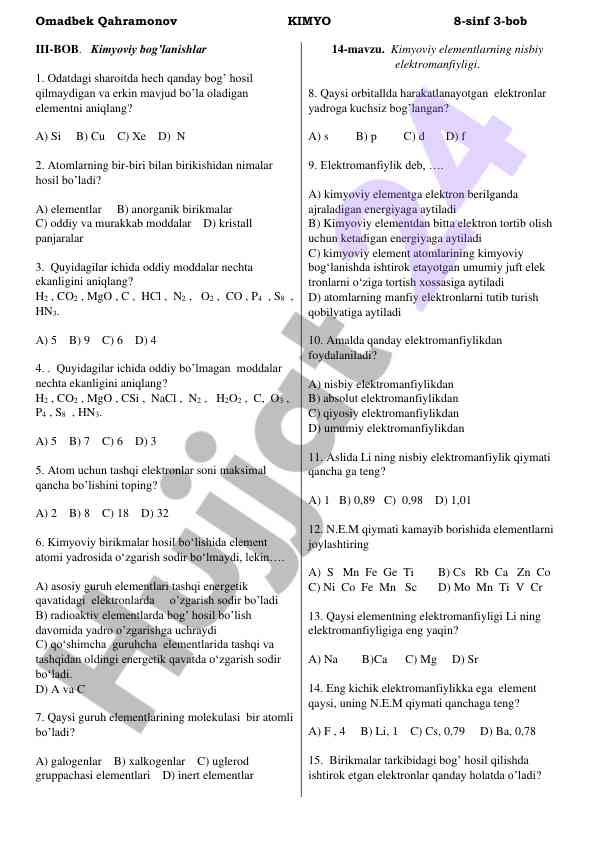 Kimyoviy bog‘lanishlar test savollari