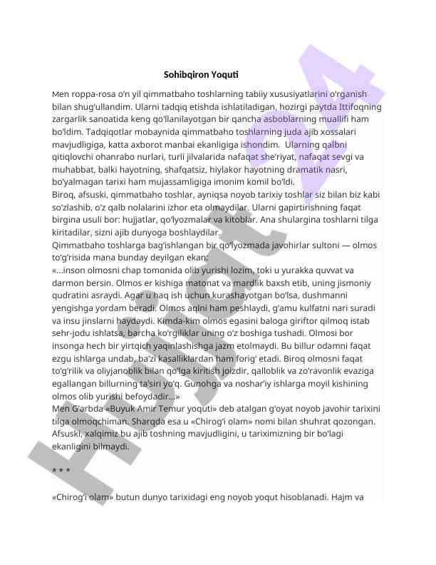 Sohibqiron yoquti tahlili va o'rganilishi
