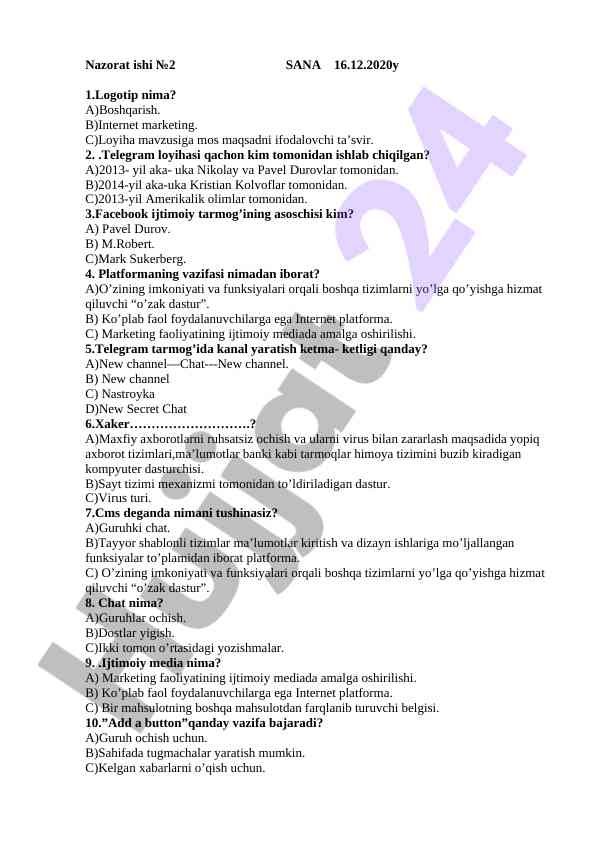 Nazorat ishlari test savollari bilan