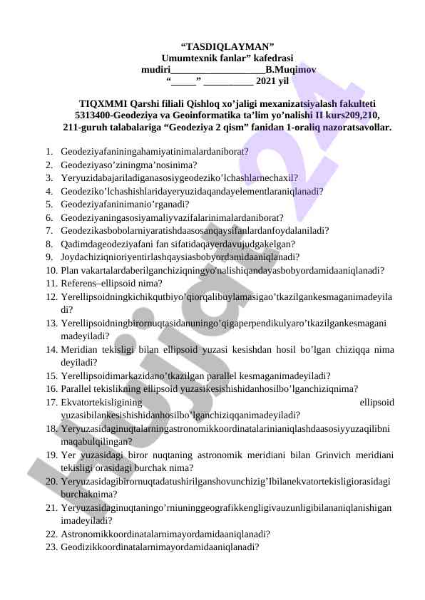 Geodeziya 2 qism oraliq nazorat savollari