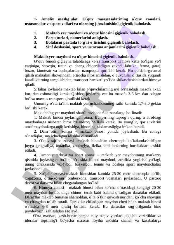 Gigienik baholash o‘quv muassasalarida amaliy mashg‘ulot