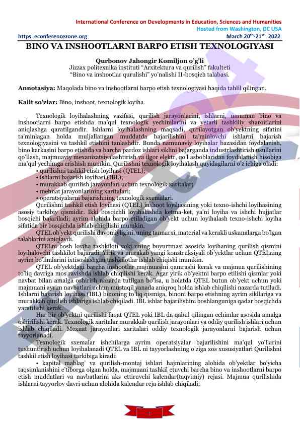 Bino va inshootlarni barpo etish texnologiyasi tahlili