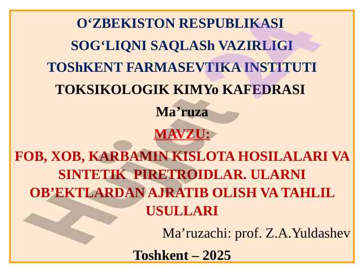 Toksikologik kimyo darslari uchun materiallar