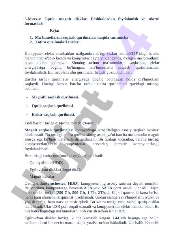 Optik va magnit disklar foydalanish va formatlash