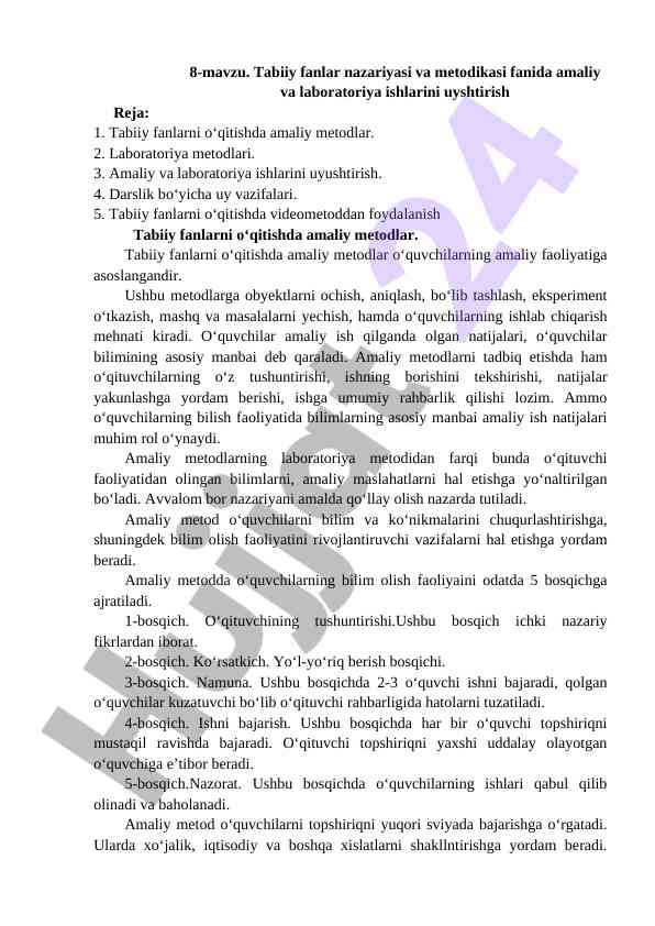 Tabiiy fanlar nazariyasi va metodikasi laboratoriya ishlari