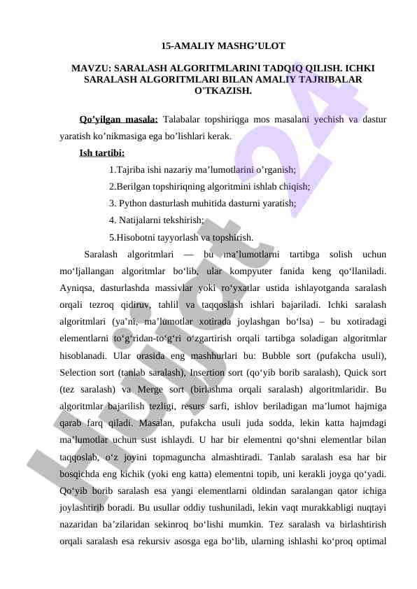 Saralash algoritmlarini tadqiq qilish amaliy mashg‘ulot