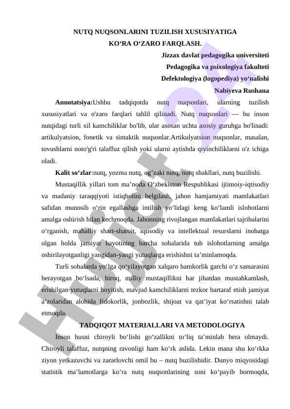 Nutq Nuqsonlarini Tuzilish Xususiyatiga Ko‘ra