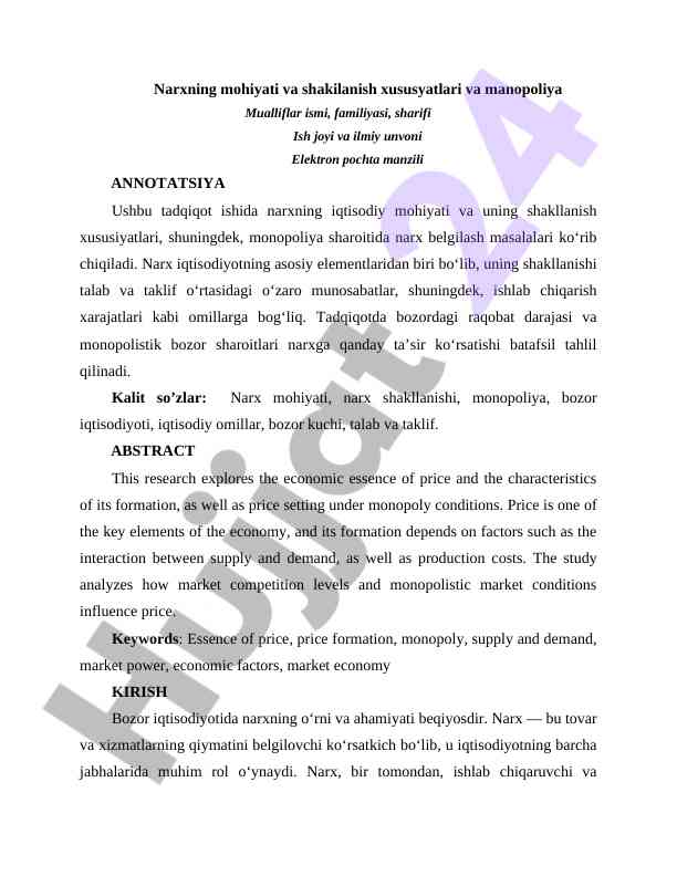 Narxning mohiyati va shaklanish xususiyatlari