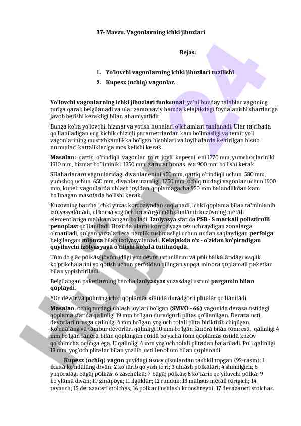 Vagónlarning ichki jihozlari tuzilishi