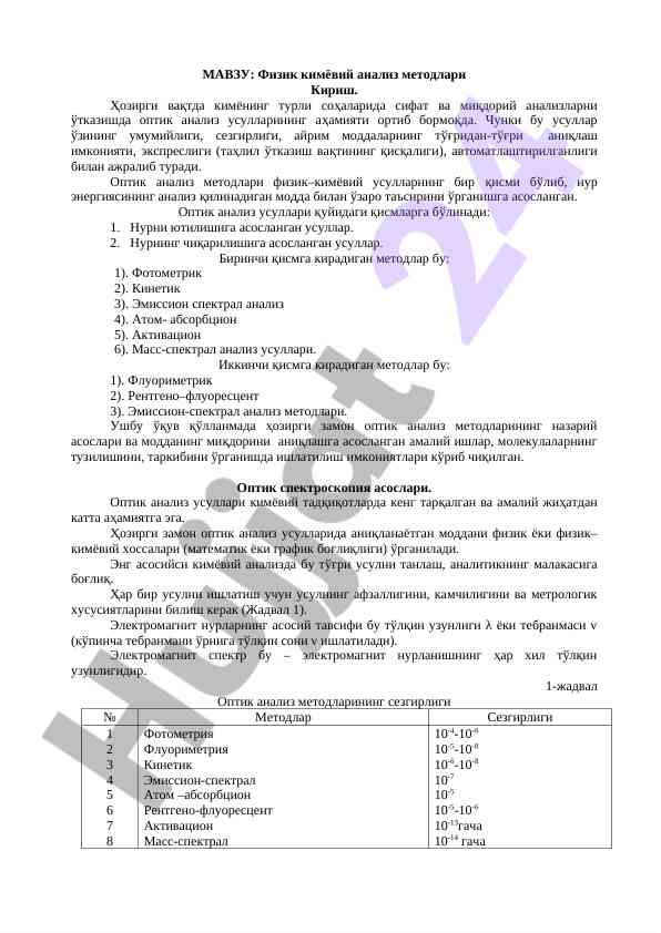 Физик кимёвий анализ методлари ҳақида ўқув қўлланма