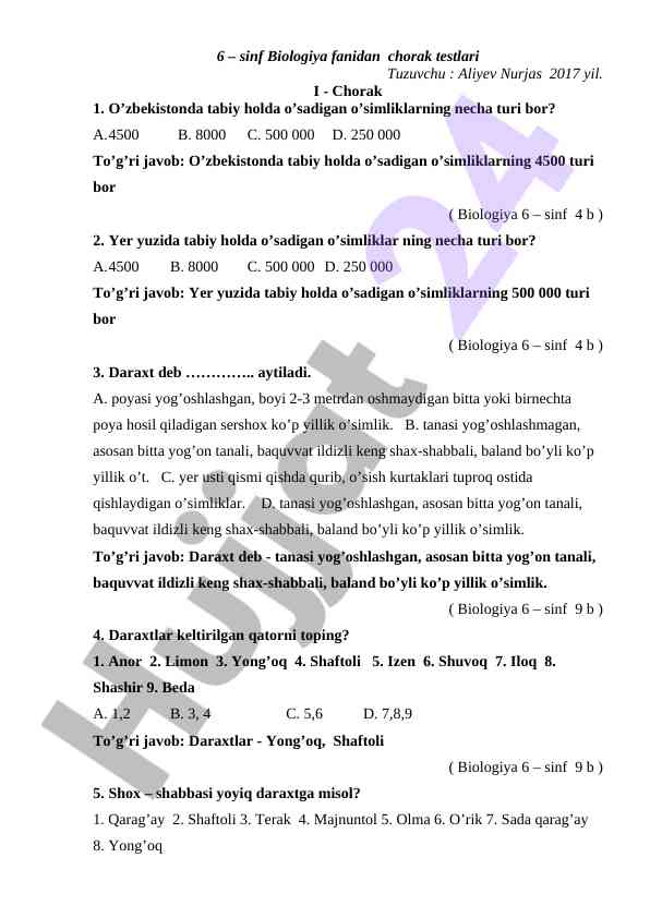 6-sinf biologiya fanidan chorak testlari