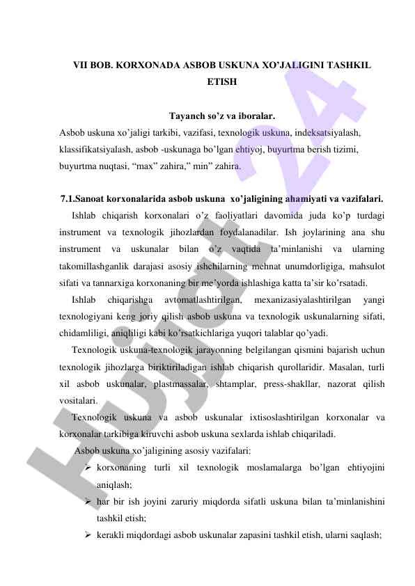 Asbob uskuna xo'jaligini tashkil etish metodlari