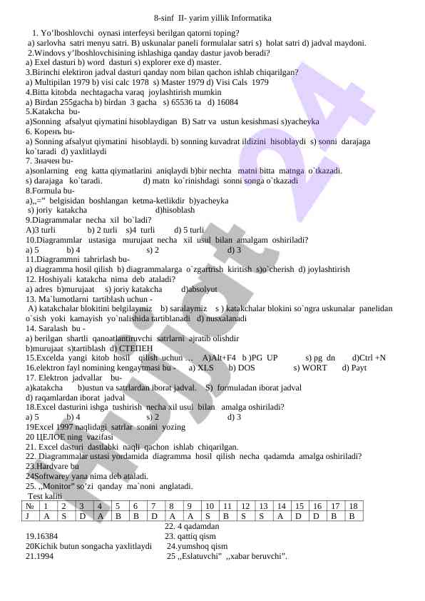 Informatika 8-sinf ii-yarim yillik test savollari
