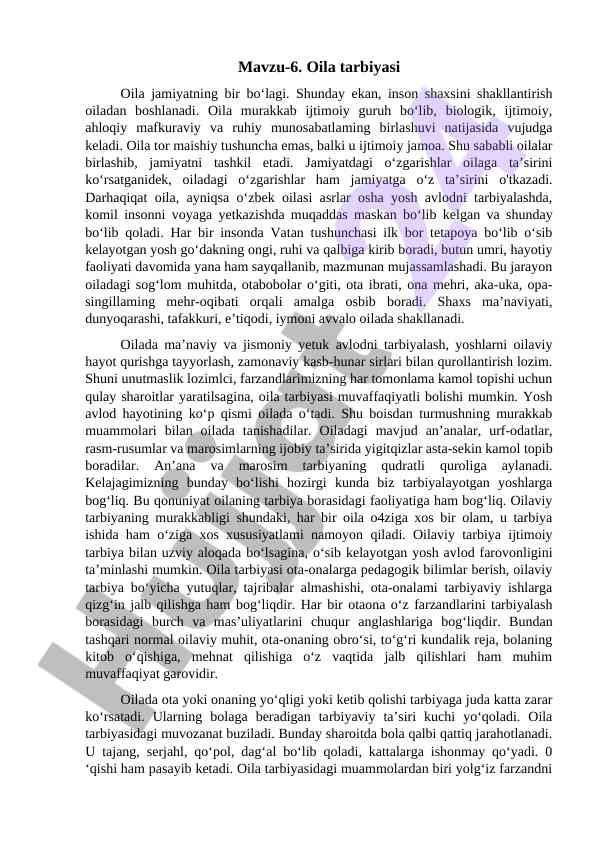 Oila tarbiyasi va uning jamiyatdagi o‘rni