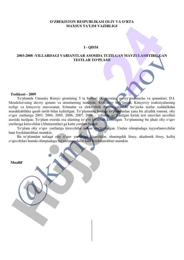 Umumiy kimyo bo‘yicha testlar to‘plami