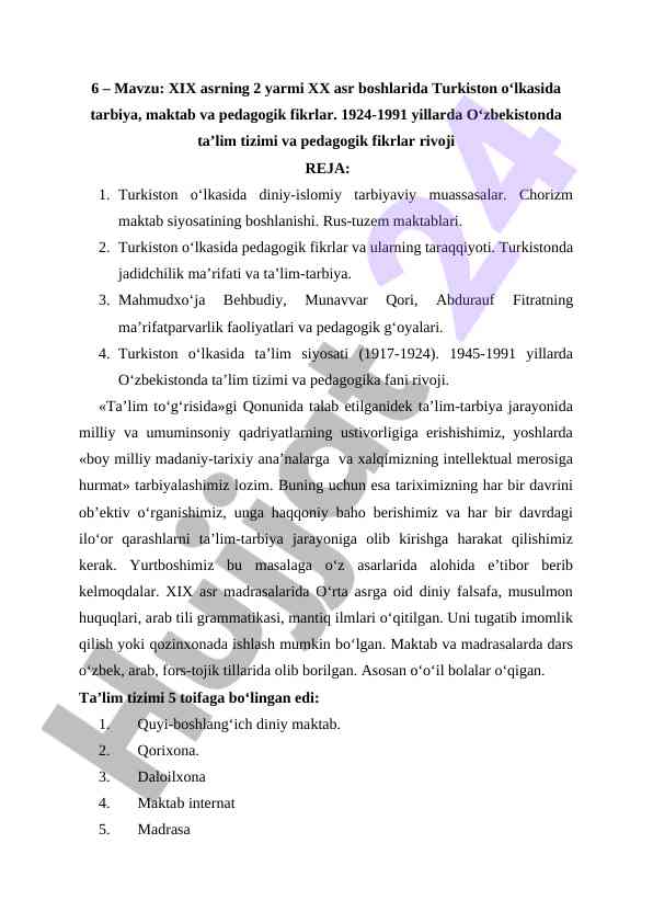 Xix asrda turkiston o‘lkasida ta’lim va pedagogika fikrlari