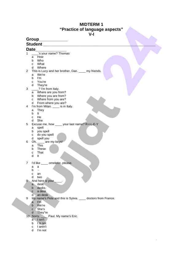 Midterm language practice test for students