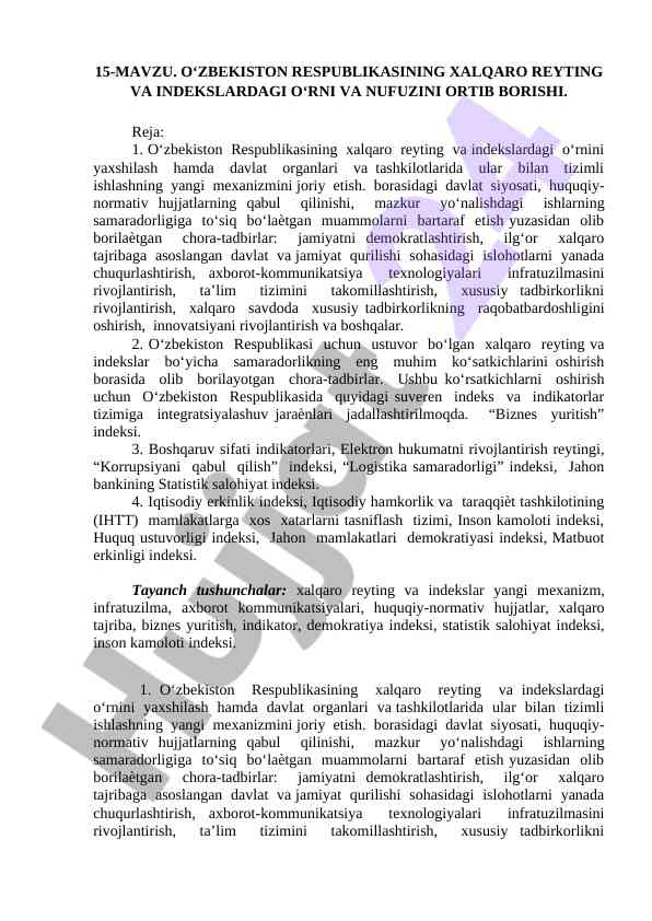O‘zbekistan respublikasi xalqaro reytinglarini yaxshilash