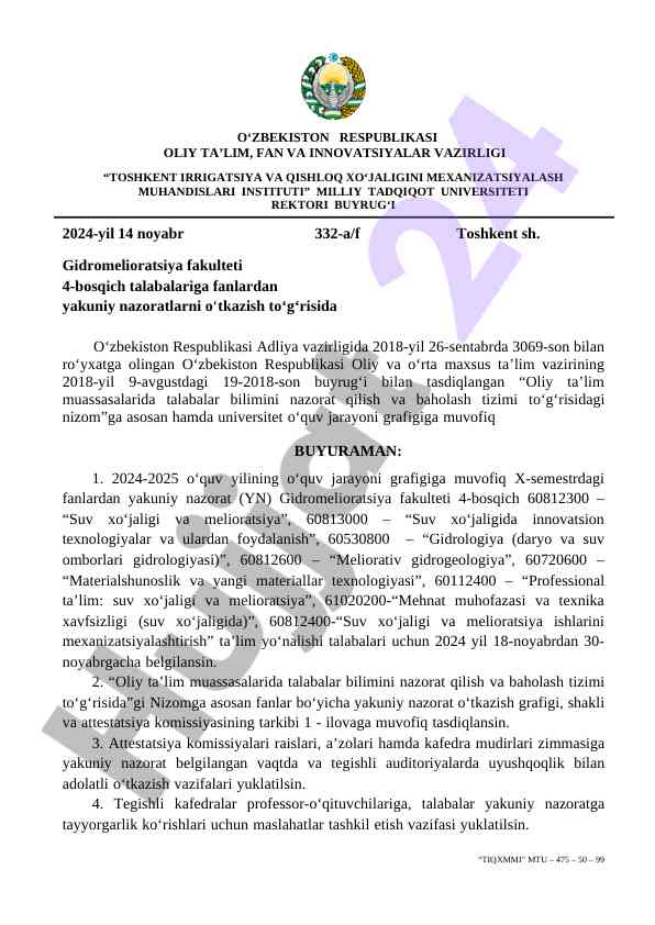 Gidromelioratsiya fakulteti eslatmalar 2024-2025
