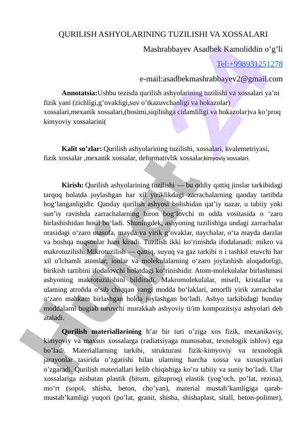 Qurilish ashyolarining tuzilishi va xossalari