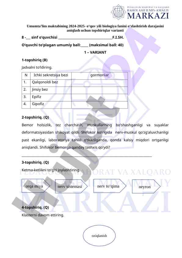 Biologiya fani topshiriqlari 2024-2025 o‘quv yili