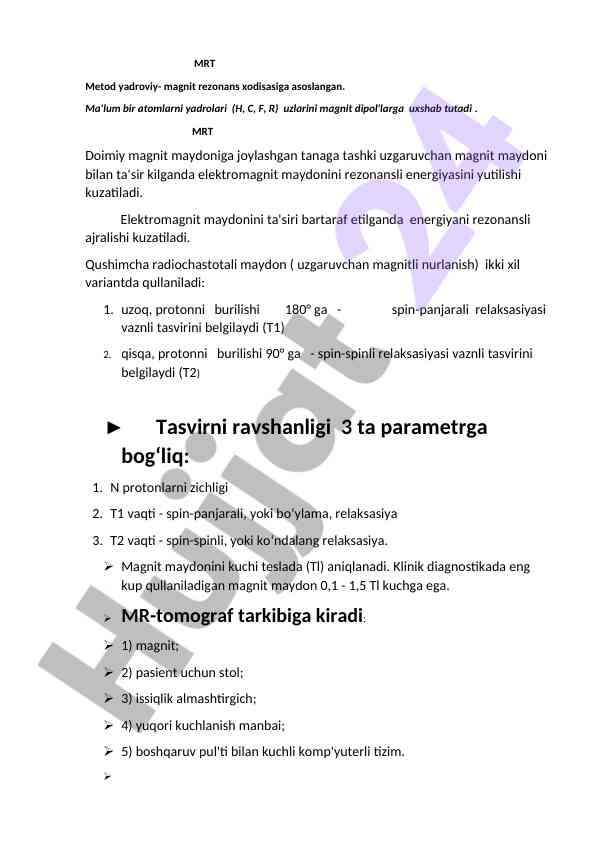 Mrt metod yadroviy magnit rezonans erishish texnikasi