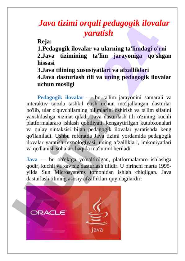 Java tizimi orqali pedagogik ilovalar yaratish