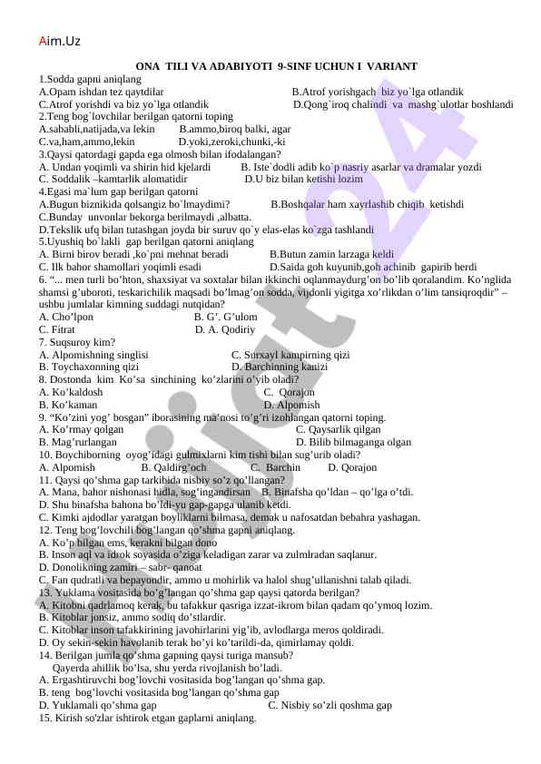 Ona tili va adabiyoti 9-sinf i variant testlari