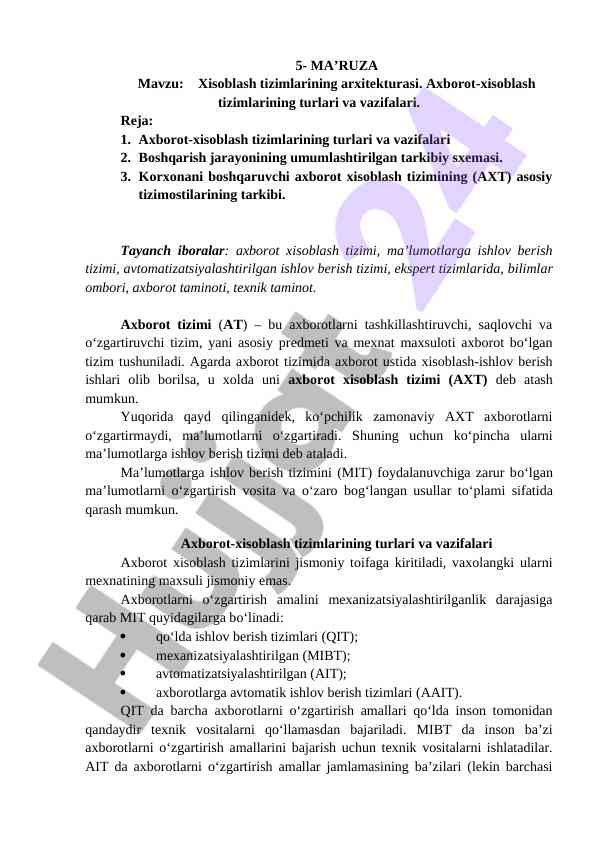 Xisoblash Tizimlarining Arxitekturasi