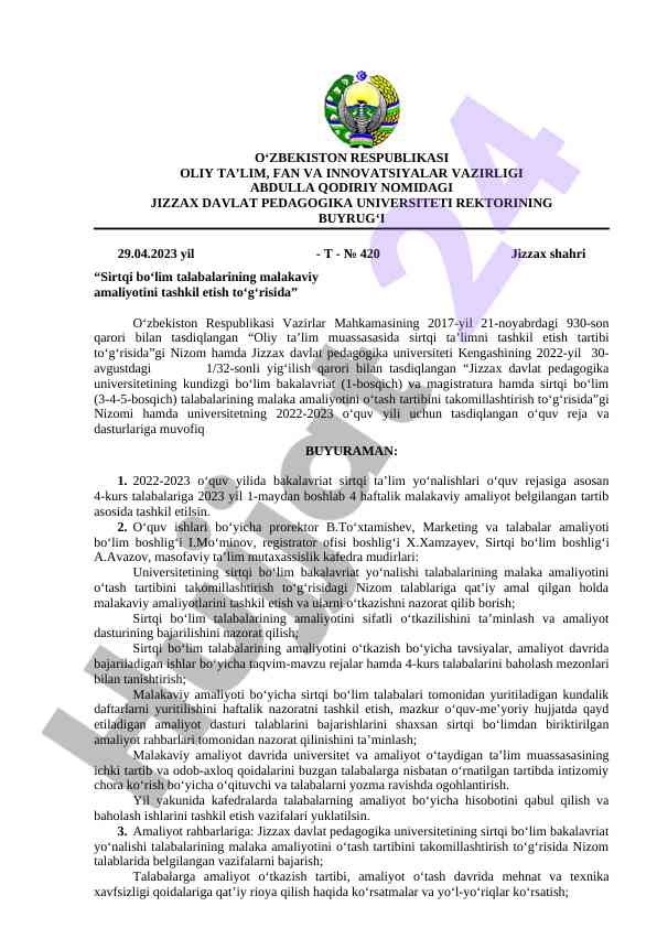 Malakaviy amaliyotni tashkil etish tartibi