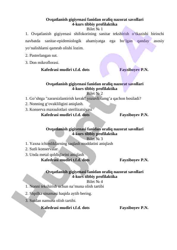 Ovqatlanish gigiyenasi oraliq nazorat savollari