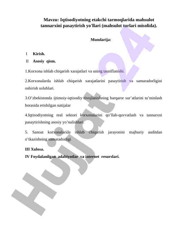 Iqtisodiyot tarmoqlarida tannarxni pasaytirish yo'llari