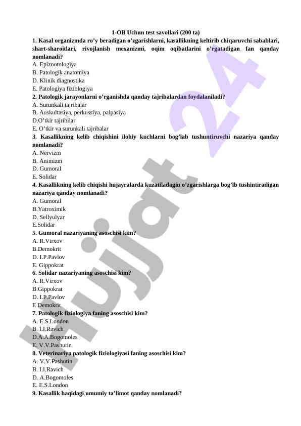 1-ob uchun test savollari: kasallik va patologiya