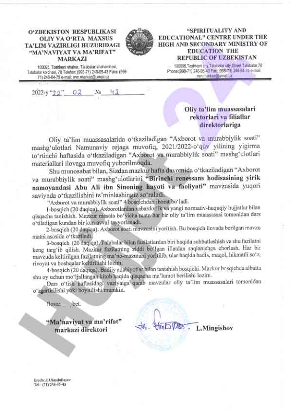 Axborot va murabbiylik soati mashg'ulotlari rejasi