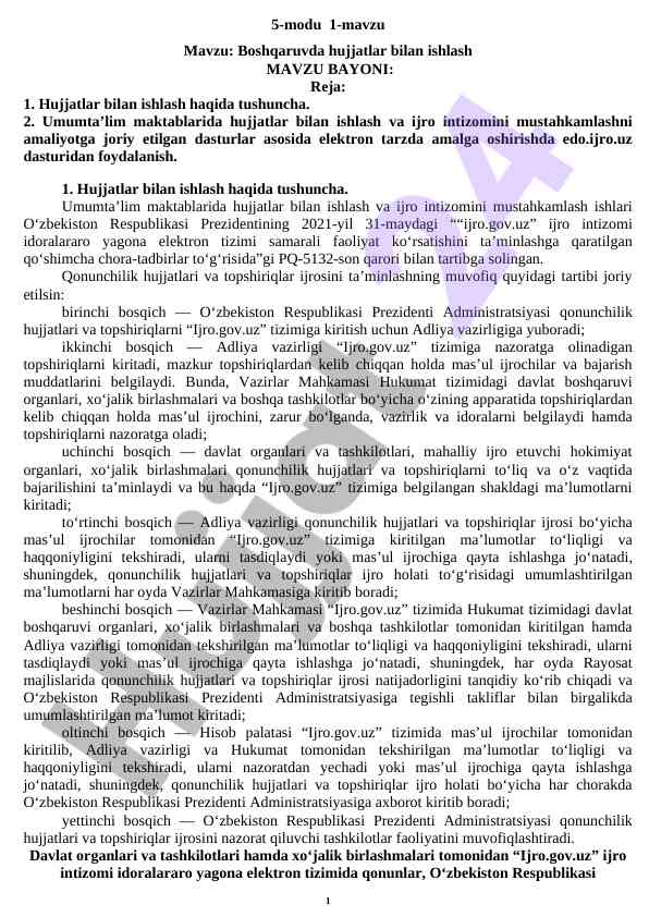 Boshqaruvda hujjatlar bilan ishlashning asoslari