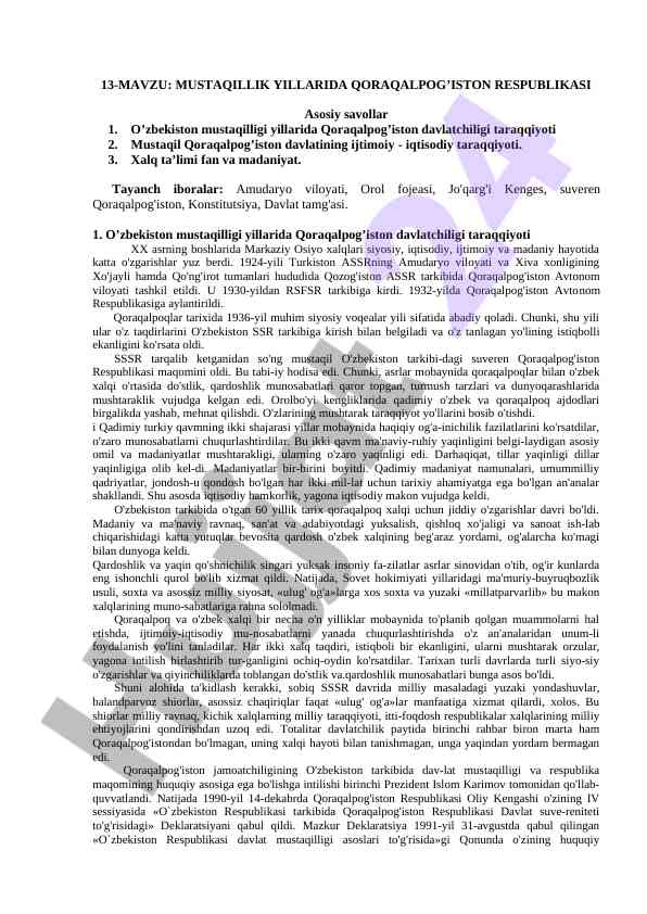 Mustaqillik yillarida qoraqalpog'iston taraqqiyoti