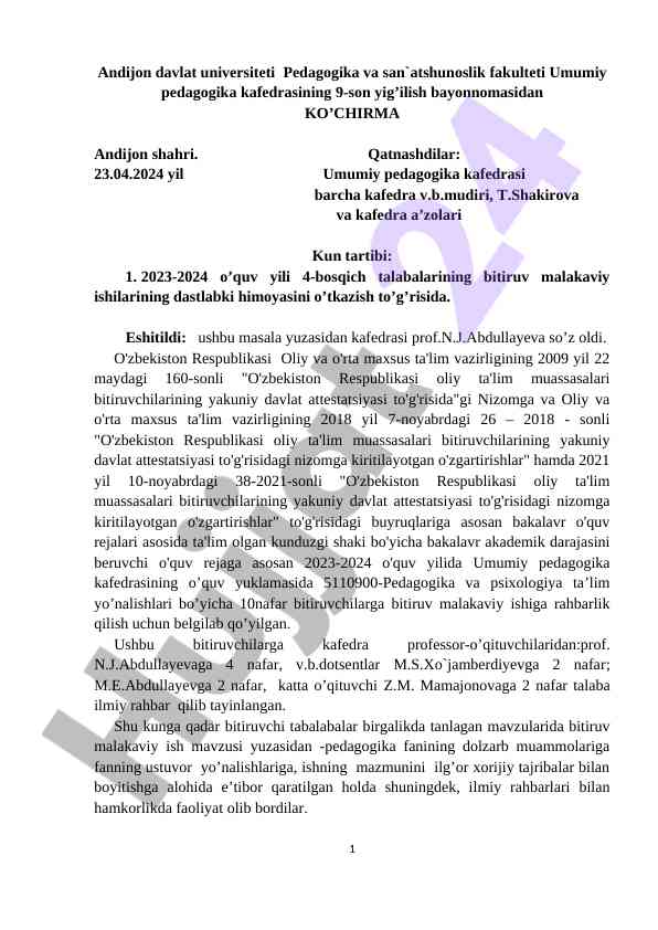 Bitiruv malakaviy ishilarining dastlabki himoyasi