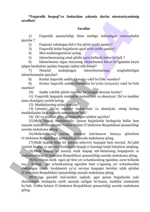 Fuqarolik huquqi savollari uchin imtihon