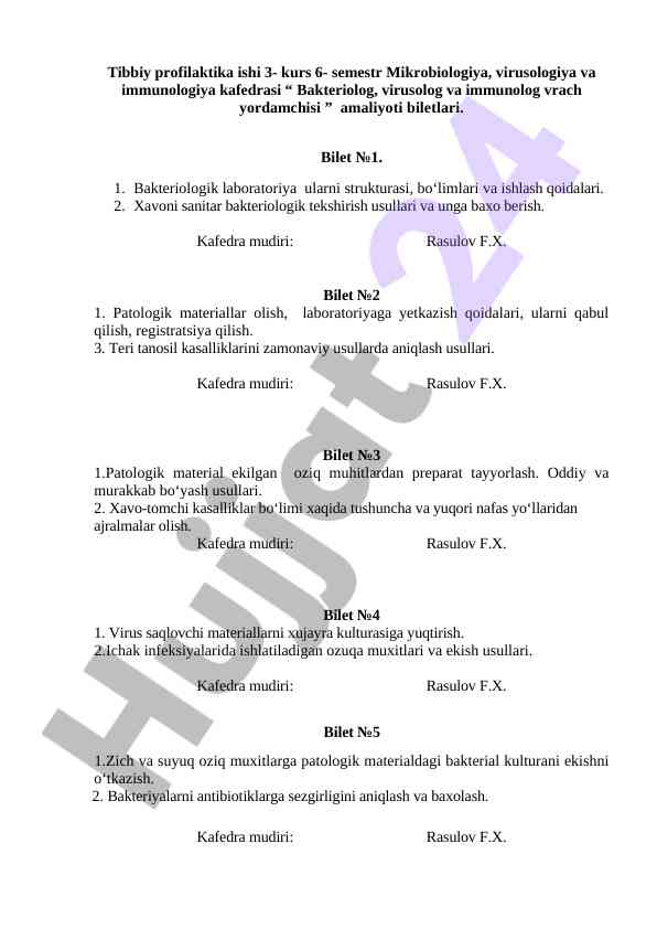 Bakteriologiya va virusologiya amaliyoti biletlari