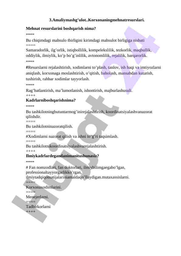 Mehnat resurslarini boshqarish bo'yicha amaliy mashg'ulotlar