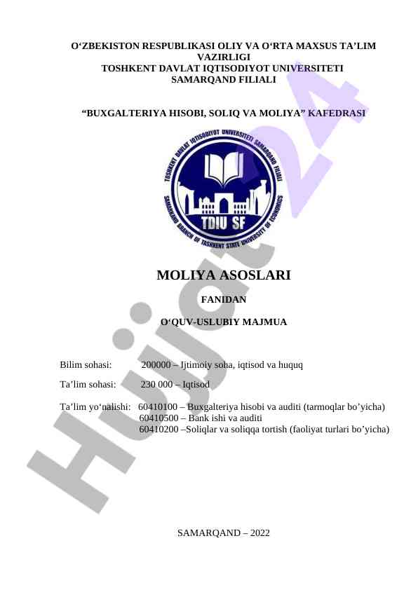 Moliya asoslari fanidan o‘quv-uslubiy majmua