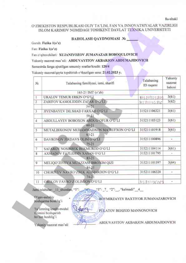 Fizika fanidan yakuniy nazorat baholash qaydnomasi