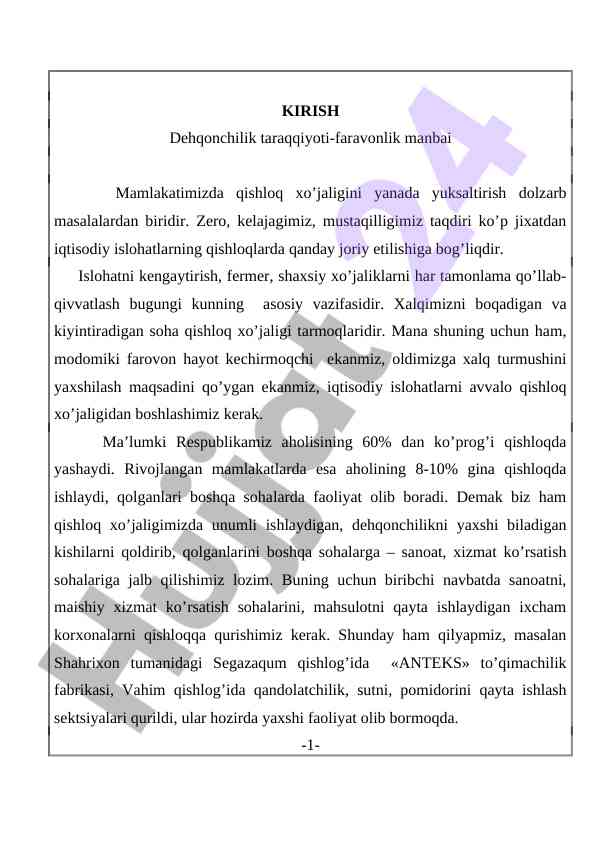 Qishloq xo‘jaligini rivojlantirishning asosiy masalalari