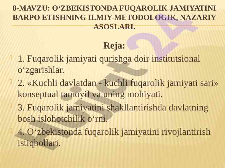 O‘zbekistonda fuqarolik jamiyatini barpo etish asoslari