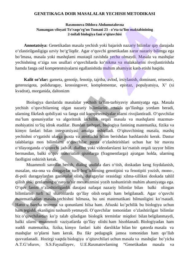 Genetikaga doir masalalar yechish metodikasi
