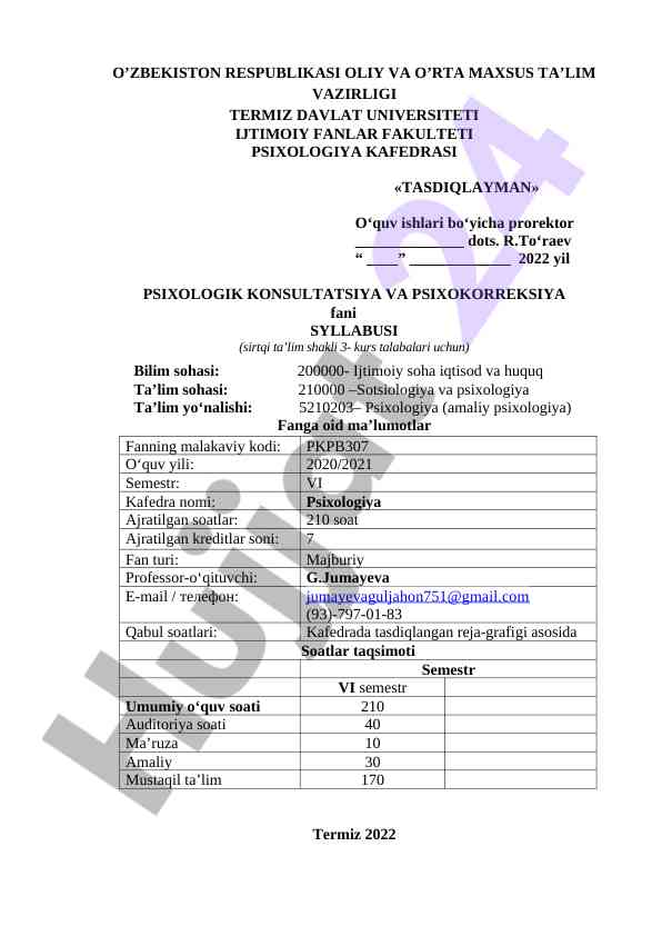 Psixologik konsultasiya va psixokorreksiya syllabus